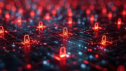 Network security concept with glowing locks on a dark grid