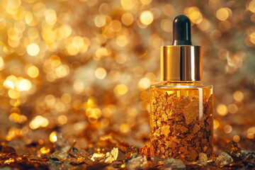 Cosmetic oil with floating gold flakes in a transparent bottle with golden cap - obrazy, fototapety, plakaty