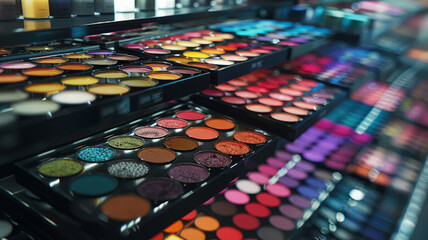 Cosmetics store display with various makeup palettes
