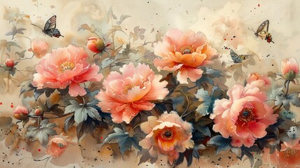 Watercolor illustration of pink peonies with butterflies on the petals