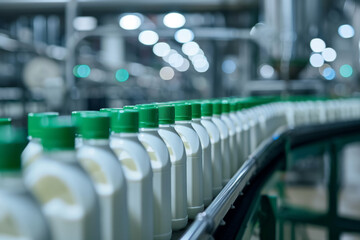 Conveyor belt with uniform milk bottles and green caps at dairy production plant - obrazy, fototapety, plakaty