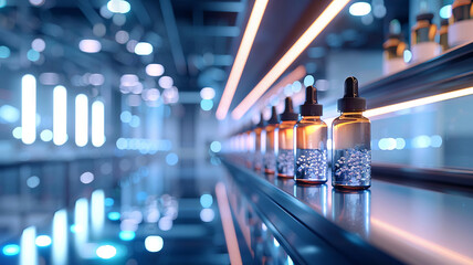 Sleek bottles with sparkling pills under cool laboratory lights