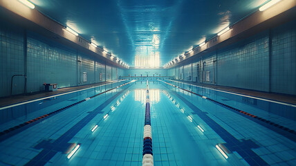 Sunlit swimming pool lanes ready for a race with clear blue water