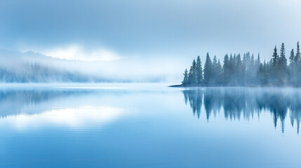 A tranquil lake at dawn, mist hovering above the water, embodying perfect calm - obrazy, fototapety, plakaty