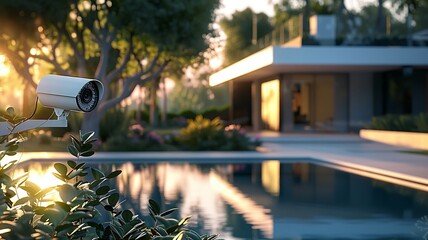 Sleek security camera overseeing stylish minimalist villa