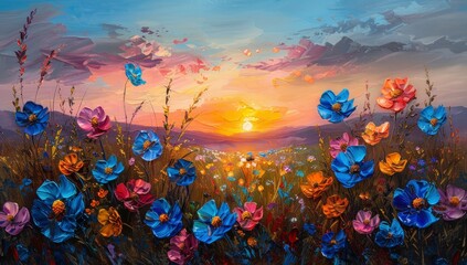 Fototapeta na wymiar Oil painting of colorful wildflowers in the field