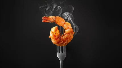 Sierkussen Restaurant Close-up of a seasoned, freshly fried shrimp on a fork, with steam rising against a dark background  © Frank Gärtner