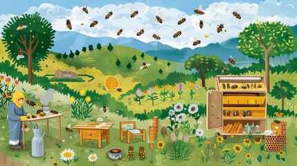 Illustration of beekeeping activities and equipment in a pastoral setting. Apiary tools and beekeeper in a meadow. Concept of sustainable bee farming, honey production, rural livelihoods. Digital art