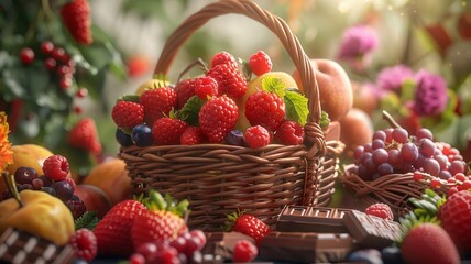 Rustic wicker basket filled with an assortment of juicy fruits and chocolate