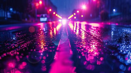Wet urban road at night, encased in the hues of a magenta neon outline