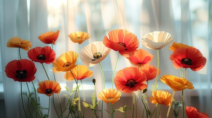   Orange and white flowers in a vase on a window sill under the sun