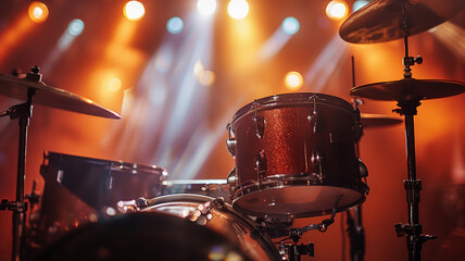 Spotlight on drum set in a dimly lit concert hall setting