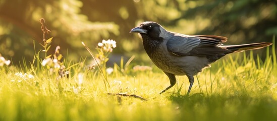 urban hooded crow traveling, search of food on lawn. Green grass - obrazy, fototapety, plakaty