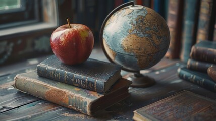 Globe, books, and apple arranged for a creative educational composition in light hues