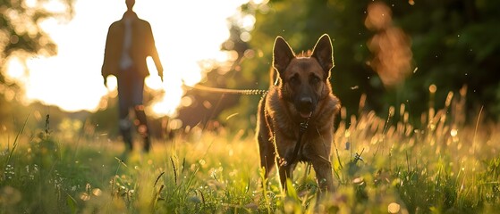 Harmonious Walk: German Shepherd Guides in the Glow of Sunset. Concept Pet Photography, Sunset Portraits, Dog Companionship - obrazy, fototapety, plakaty