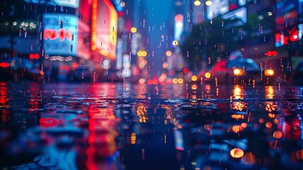 Evening drizzle in a cityscape, surrounded by the ambient light of a neon rectangle - obrazy, fototapety, plakaty