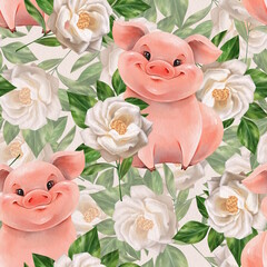 Seamless pattern with cute piglet and flowers. Floral design for background, wrapping paper, cards, textile. - 778420937