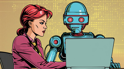 Depiction of a female executive conducting an interview with a robot, representing the impact of ai on the workplace
