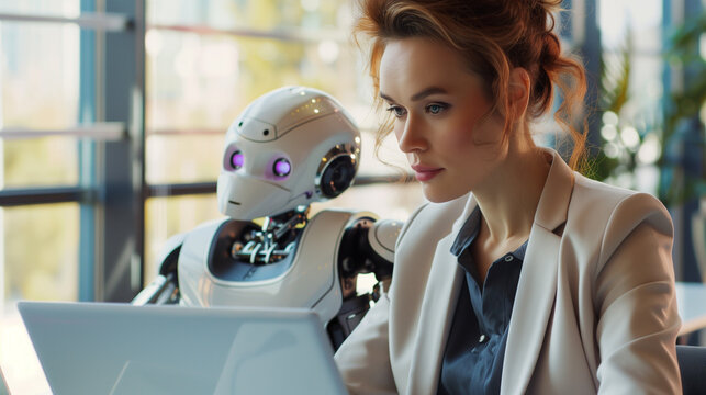 Depiction of a female executive conducting an interview with a robot, representing the impact of ai on the workplace
