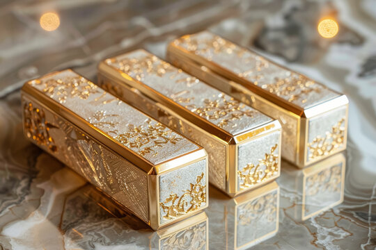 Luxury gold detailed lipstick cases on a marbled surface with warm bokeh lights