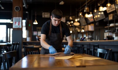Disabled person working in a restaurant, cleaning a table, young man with handicap at work, symbol of inclusivity in the workplace, hiring employees with disabilities, diverse, inclusive environment