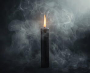 black candle on a dark background with fog.