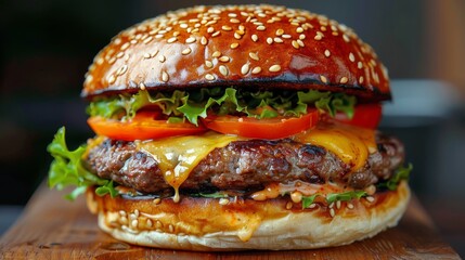 Delicious Cheeseburger With Lettuce, Tomato, and Toppings - obrazy, fototapety, plakaty