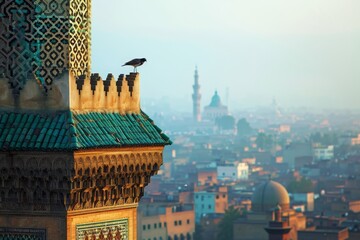 A bird sits atop a towering building, looking out over the cityscape, A mosque's minaret against a cityscape, AI Generated - Powered by Adobe