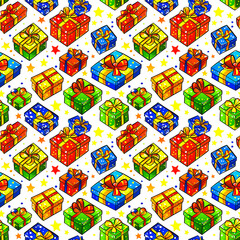 Bright seamless pattern with gift boxes.  