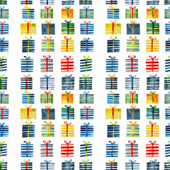 Bright seamless pattern with stripped gift boxes. 