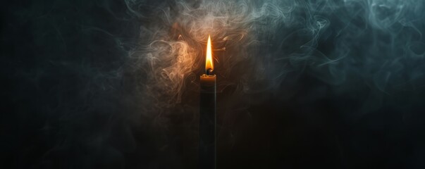 black candle on a dark background with fog.