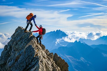 A man providing support and assistance as he helps another climber navigate the steep slopes of a mountain, A mountaineer aid a friend to reach the pinnacle, AI Generated