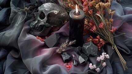 magic candle with a skull and dried flowers.