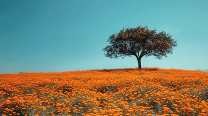 Lone Tree Standing Among Dandelions