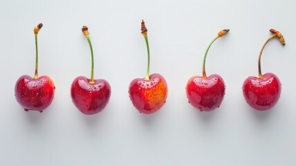 Bright red cherries with stems arranged neatly on white background - obrazy, fototapety, plakaty