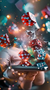 Mobile phone with dice and cards floating, gambling and casino concept.