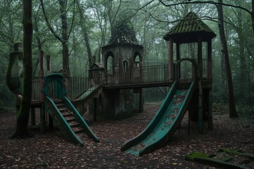 A Playground Nestled in a Forest, A mysterious, ancient-looking playground in a dense forest, AI Generated
