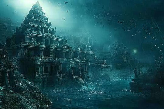 This photo depicts a painting of a castle situated in the center of a body of water, A mysterious ancient sunken city, hidden deep underneath the ocean waves, AI Generated