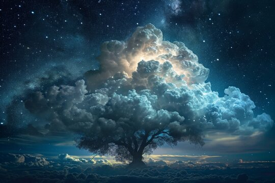 A tall, sturdy tree stands tall under the mesmerizing night sky illuminated by a bright moon, A mystical image of a 'Data Cloud', AI Generated