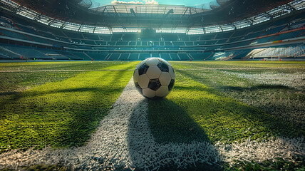 Midday shadows fall across a soccer stadium with the ball on the midfield line