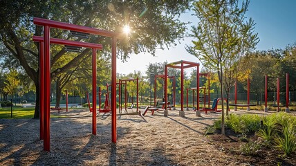 Outdoor gym equipment in a public park with red accents