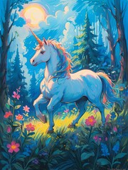 Unicorn in Fantasy World Illustration Hand Drawn Style