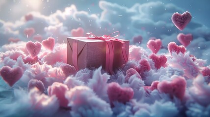 Gift box surrounded by a cloud of hearts, creating a serene and loving atmosphere