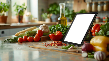 Tablet with recipe on kitchen counter among fresh ingredients