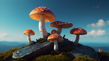 fly agaric mushroom in forest. a group of mushrooms sitting on top of a rock.