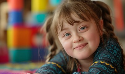 Girl playing in children's playground at school or kindergarten, lovely happy child with cute smiling face, possible facial features of trisomy 21, kid with genetic anomaly, mosaic Down's syndrome 