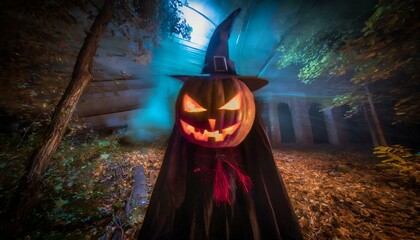 creepy halloween costume of a pumpkin mask in a dark spooky setting - generative ai
