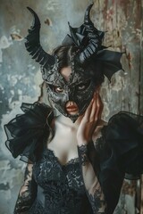 a woman in a black dress with a demon mask