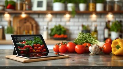 Modern tablet in a home kitchen with blurred vegetable background