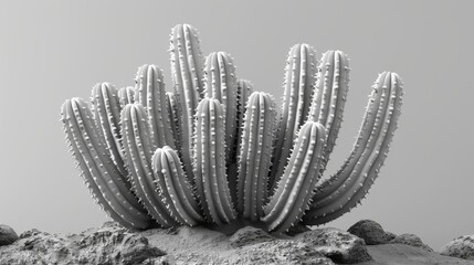  Monochrome image of a cactus perched atop a rocky outcrop against a leaden sky - obrazy, fototapety, plakaty
